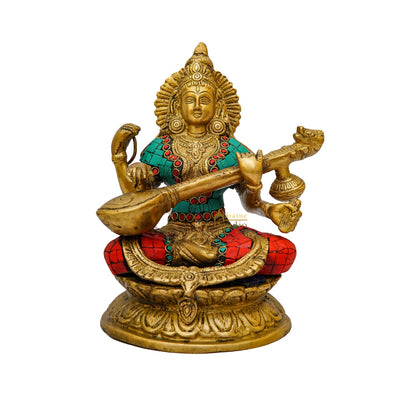 Brass Saraswati Idol For Home Temple Pooja Décor Lucky Gift Statue 9"