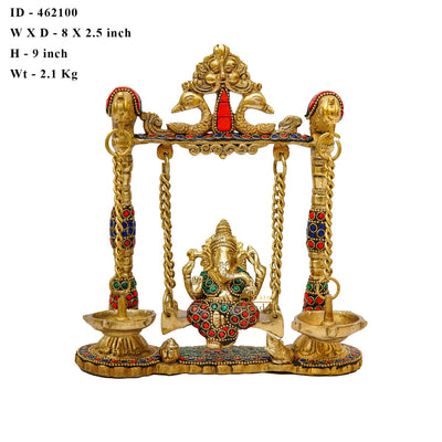 Brass Ganesha Idol On Jhula Swing Home Diwali Décor Statue 9"