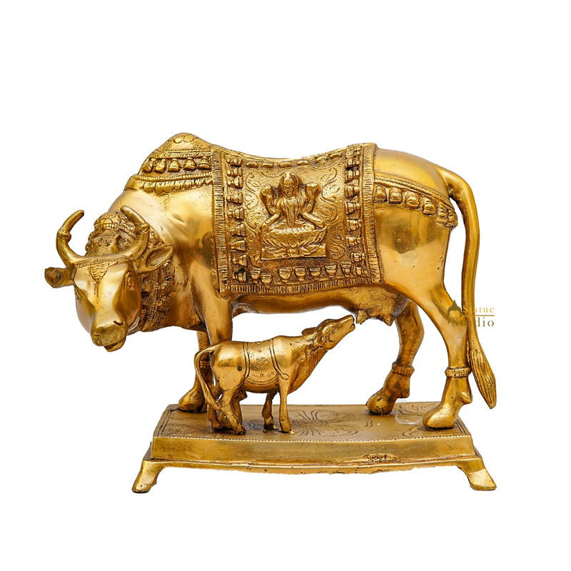 Brass Cow With Calf Statue Lucky Home Vastu Décor Gift Idol 8"