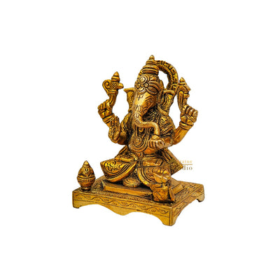 Brass Fine Ganesha Idol On Chowki Diwali Pooja Décor Gift Statue 5"