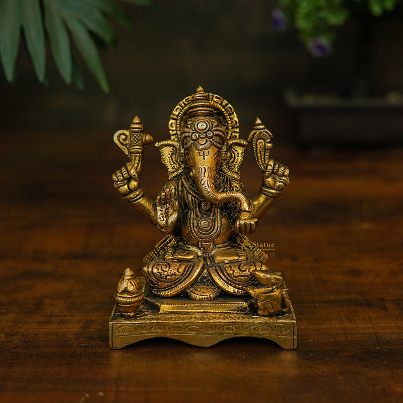Brass Fine Ganesha Idol On Chowki Diwali Pooja Décor Gift Statue 5"