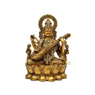 Brass Big Saraswati Idol For Pooja Room Décor Gift Statue 12"