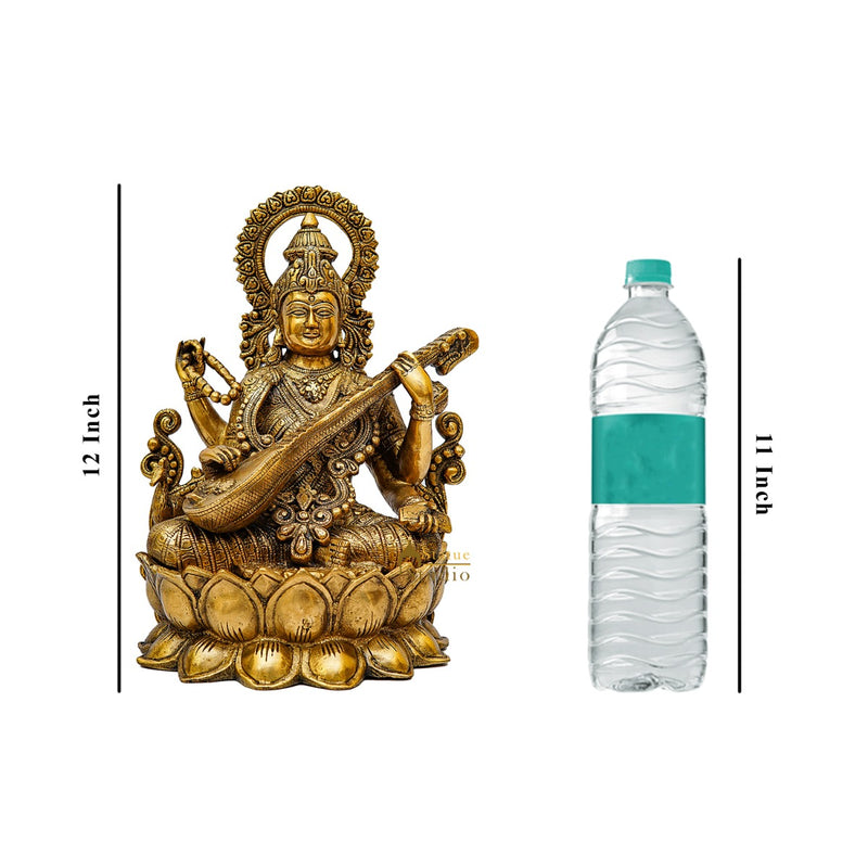 Brass Big Saraswati Idol For Pooja Room Décor Gift Statue 12"