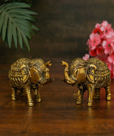 Brass Elephant Pair Showpiece Figurine Home Office Table Decorative Statue 4"
