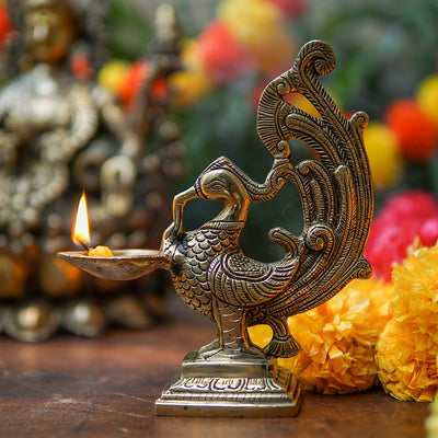 Brass Bird Diya For Home Diwali Pooja Decor Gift Showpiece 7"