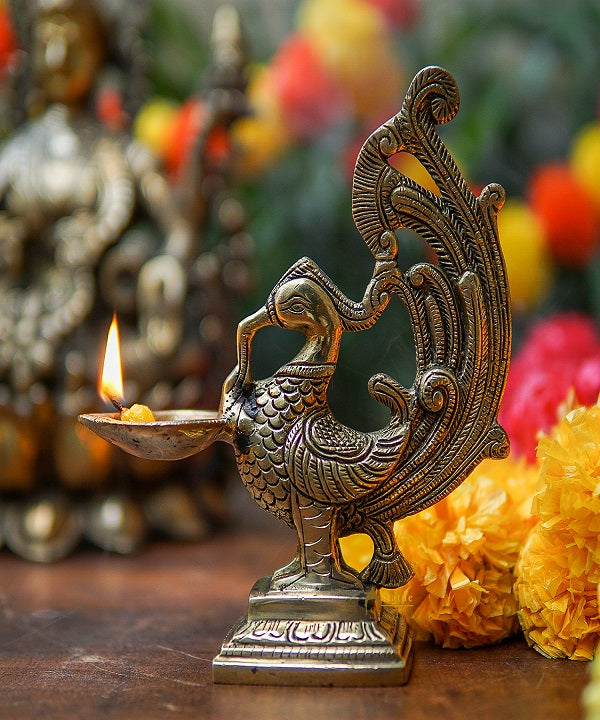 Brass Bird Diya For Home Diwali Pooja Decor Gift Showpiece 7"