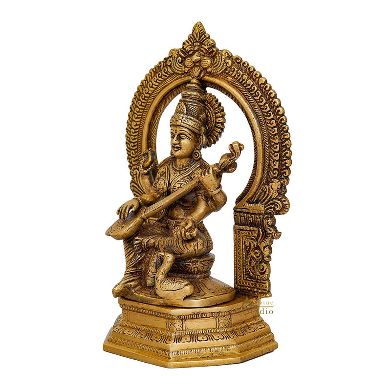 Brass Saraswati Idol For Home Temple Pooja Decor Lucky Gift Statue 10"
