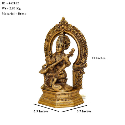 Brass Saraswati Idol For Home Temple Pooja Decor Lucky Gift Statue 10"