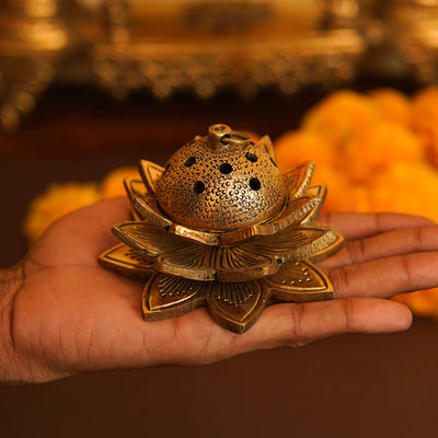 Brass Lotus Shaped Dhoop Dani Incense Burner For Pooja Room Decor Diwali Gift Showpiece 2"