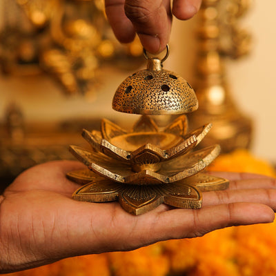 Brass Lotus Shaped Dhoop Dani Incense Burner For Pooja Room Decor Diwali Gift Showpiece 2"