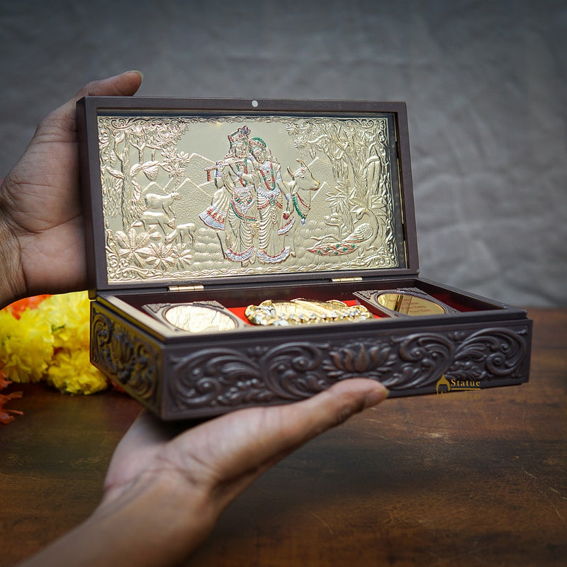 Radha Krishna with Cow Charan Paduka Diwali Pooja Gift Decor Box