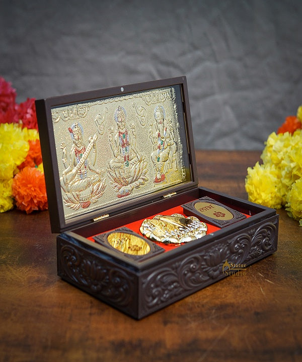 Ganesha Laxmi Saraswati Wooden Charan Paduka Diwali Pooja Gift Decor Box