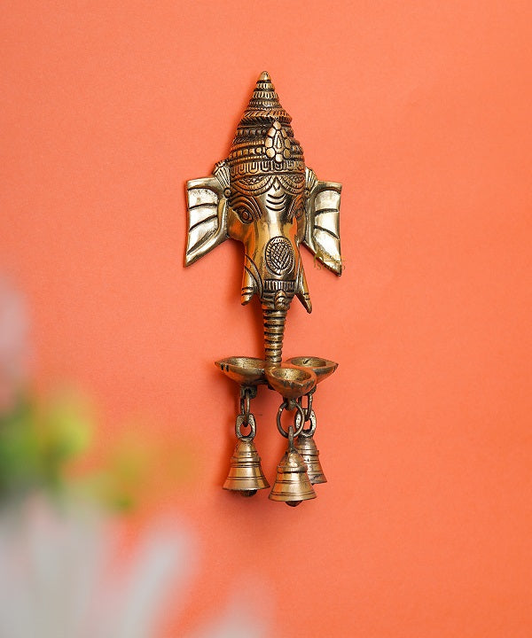 Brass Ganesha Diya Wall Hanging With Bells Pooja Home Decor Diwali Gift