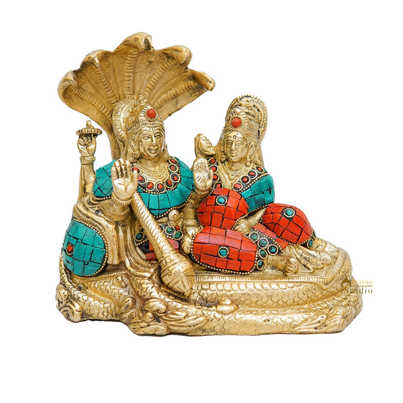 Brass Vishnu Lakshmi Idol Statue For Home Temple Pooja Room Decor 6"