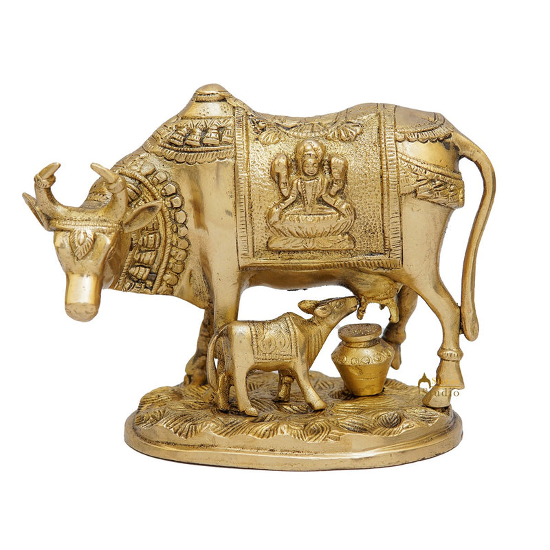 Brass Cow With Calf Idol Lakshmi Ji Engraved Pooja Room Statue 7"