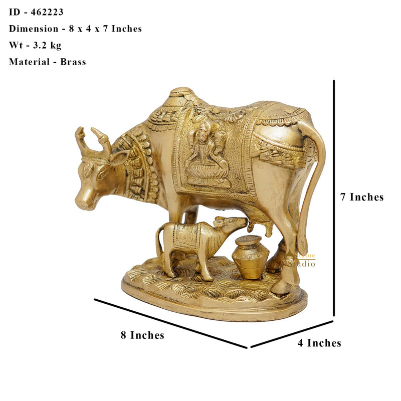 Brass Cow With Calf Idol Lakshmi Ji Engraved Pooja Room Statue 7"