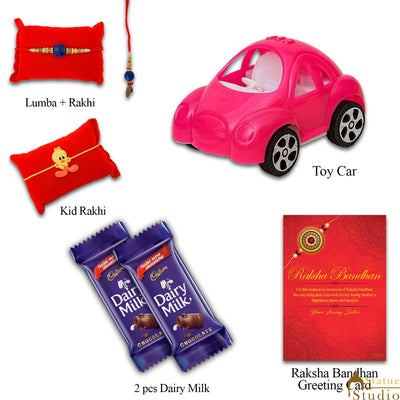 StatueStudio Rakhi Gift For Bhaiya Bhabhi & Kids With Rakshabhandhan Gift Hamper Combo - Toy Car Showpiece, 2 Pcs Rakhi, 2 Pcs Dairy Milk Chocolate, Roli Chawal & Designer Greeting Card