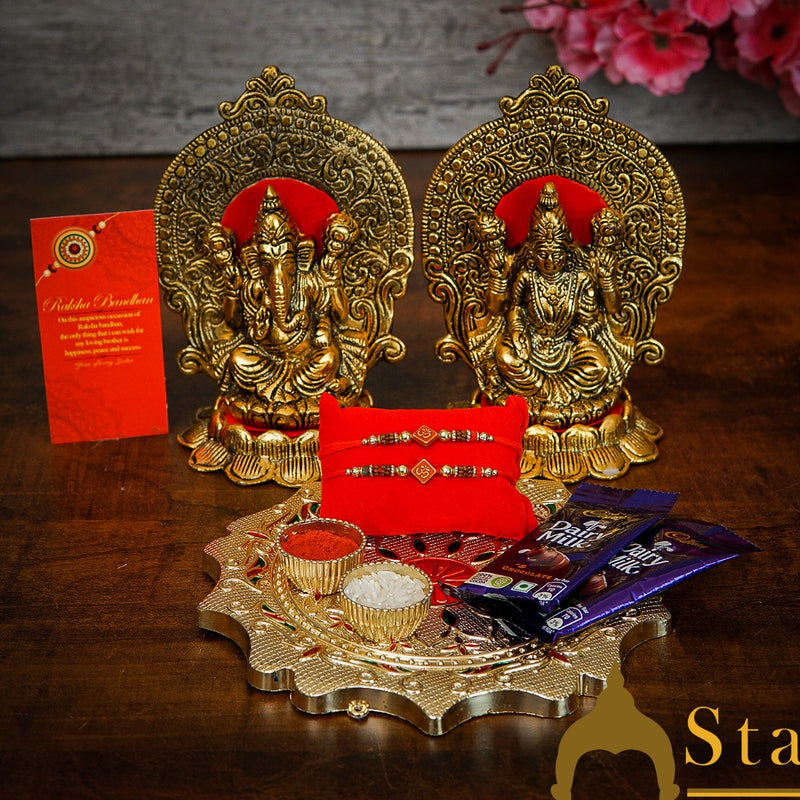 StatueStudio Rakhi Gift For Brother With Rakshabhandhan Gift Hamper Combo - Rakhi For Brother Set Of 2,  Greeting Card, 2 pcs Dairy Milk, Roli Chawal, Puja Thali & Metal Ganesha Laxmi Statue, Kum Kum Dabbi