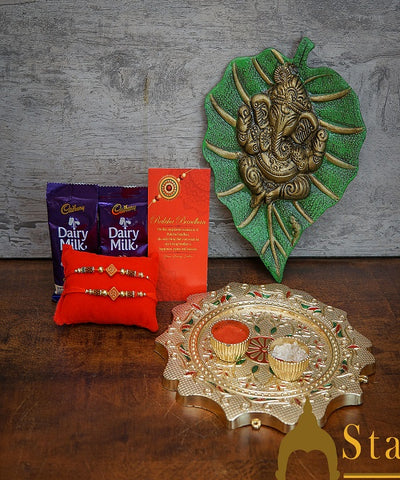 StatueStudio Rakhi Gift For Brother With Rakshabhandhan Gift Hamper Combo - Rakhi For Brother Set Of 2,  Greeting Card, 2 pcs Dairy Milk, Roli Chawal, Pooja Thali & Leaf Ganesha, Kum Kum Dabbi