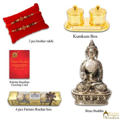 StatueStudio Rakhi Gift For Brother With Rakshabhandhan Gift Hamper Combo - Rakhi For Brother Set Of 2,  Greeting Card, 4 pcs Ferrero Rocher box, Roli Chawal, Brass Buddha Statue, Kum Kum Dabbi