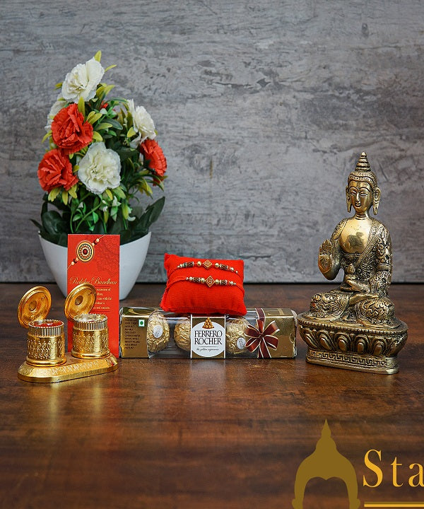 StatueStudio Rakhi Gift For Brother With Rakshabhandhan Gift Hamper Combo - Rakhi For Brother Set Of 2,  Greeting Card, 4 pcs Ferrero Rocher box, Roli Chawal, Brass Buddha Statue, Kum Kum Dabbi