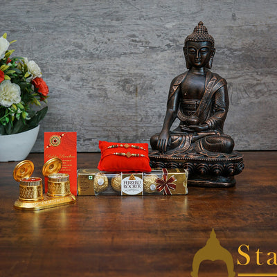 StatueStudio Rakhi Gift For Brother With Rakshabhandhan Gift Hamper Combo - Rakhi For Brother Set Of 2,  Greeting Card, 4 pcs Ferrero Rocher box, Roli Chawal, Resin Buddha Statue, Kum Kum Dabbi