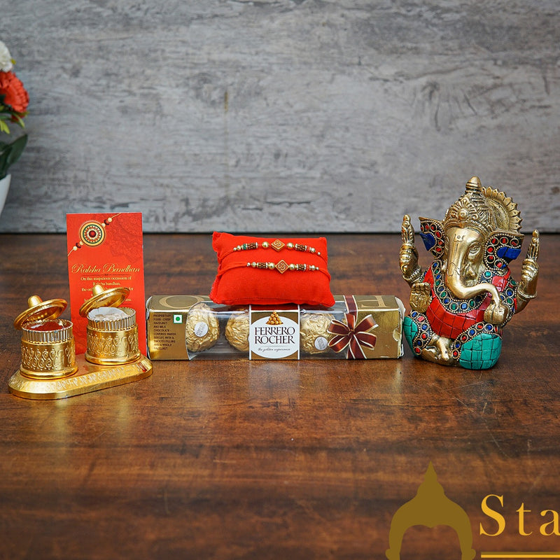 StatueStudio Rakhi Gift For Brother With Rakshabhandhan Gift Hamper Combo - Rakhi For Brother Set Of 2,  Greeting Card, 4 pcs Ferrero Rocher box, Roli Chawal, Brass Ganesha Statue, Kum Kum Dabbi