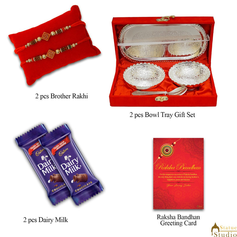 StatueStudio Rakhi Gift For Brother With Rakshabhandhan Gift Hamper Combo - Rakhi For Brother Set Of 2,  Greeting Card, 4 pcs Ferrero Rocher box, Roli Chawal, Brass Bowl Gift Set