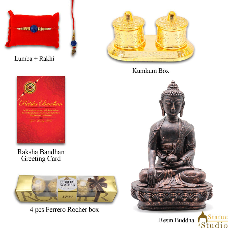 StatueStudio Rakhi Gift For Bhaiya & Bhabhi With Rakshabhandhan Gift Hamper Combo - Lumba Rakhi For Bhaiya & Bhabhi,  Greeting Card, 4 pcs Ferrero Rocher box, Roli Chawal, Resin Buddha Statue, Kum Kum Dabbi