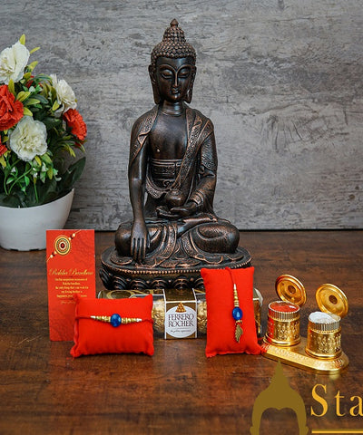 StatueStudio Rakhi Gift For Bhaiya & Bhabhi With Rakshabhandhan Gift Hamper Combo - Lumba Rakhi For Bhaiya & Bhabhi,  Greeting Card, 4 pcs Ferrero Rocher box, Roli Chawal, Resin Buddha Statue, Kum Kum Dabbi