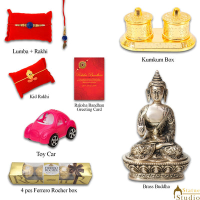 StatueStudio Rakhi Gift For Bhaiya Bhabhi & Kids With Rakshabhandhan Gift Hamper Combo - Lumba Rakhi & Kids Rakhi, Kum Kum Dabbi, Greeting Card, 4 pcs Ferrero Rocher box, Roli Chawal, Toy Car, Brass Buddha Statue