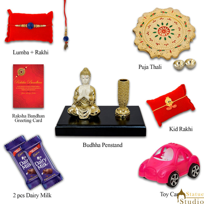 StatueStudio Rakhi Gift For Bhaiya Bhabhi & Kids With Rakshabhandhan Gift Hamper Combo - Lumba Rakhi & Kids Rakhi, Kum Kum Dabbi, Greeting Card, 2 pcs Dairy Milk, Roli Chawal, Toy Car, Pooja Thali & Buddha Pen Stand