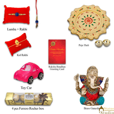 StatueStudio Rakhi Gift For Bhaiya Bhabhi & Kids With Rakshabhandhan Gift Hamper Combo - Lumba Rakhi & Kids Rakhi, Kum Kum Dabbi, Greeting Card, 4 pcs Ferrero Rocher box, Roli Chawal, Toy Car, Pooja Thali & Brass Ganesha