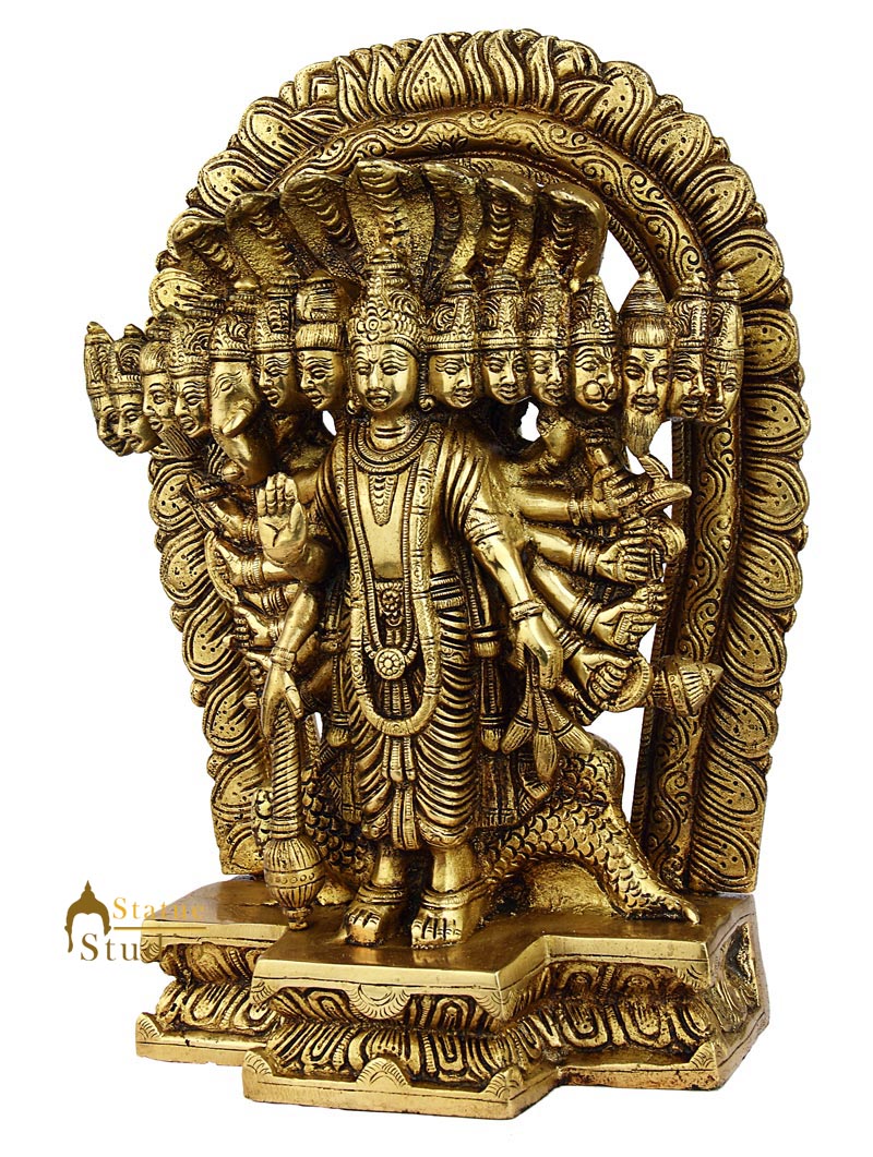 Brass hindu god Lord Vishnu murti multiple faces statue religious figure 11"