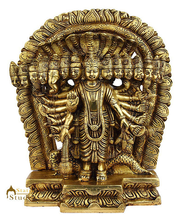 Brass hindu god Lord Vishnu murti multiple faces statue religious figure 11"