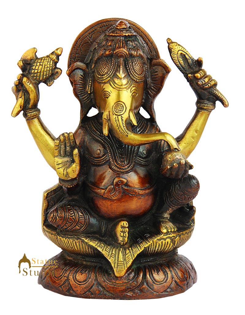 Brass elephant lord sculpture hindu god ganesha figure murti hinduism 7"