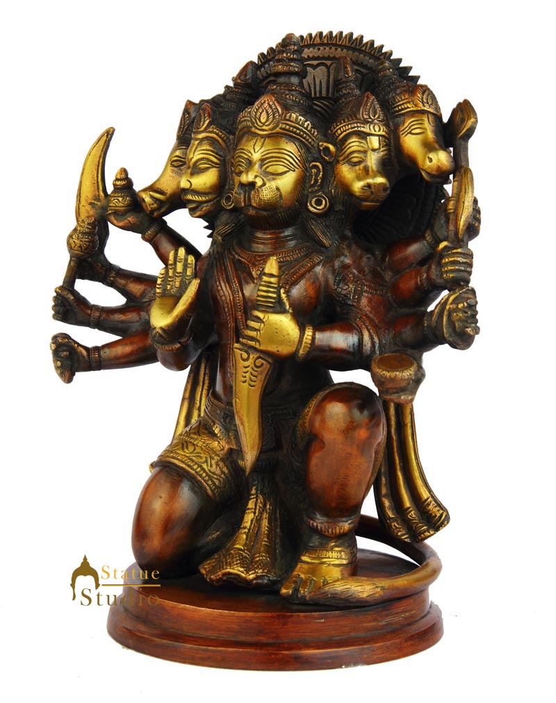 Brass hindu god lord panchmukhi hanuman statue antique idol religious figure 9"