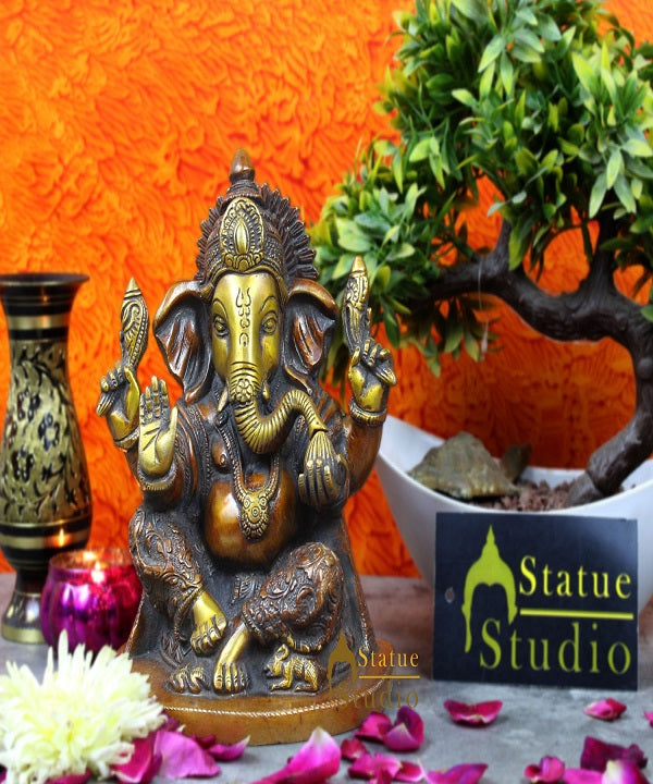 Brass blessing ganesha statue hindu gods figure religious idol hinduism 7"
