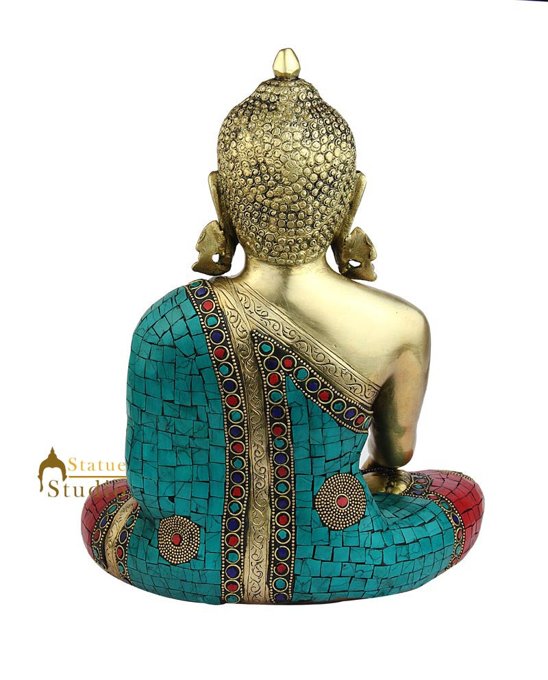 Brass long ear kundal buddha sitting indian figurine home décor buddhist art 13"