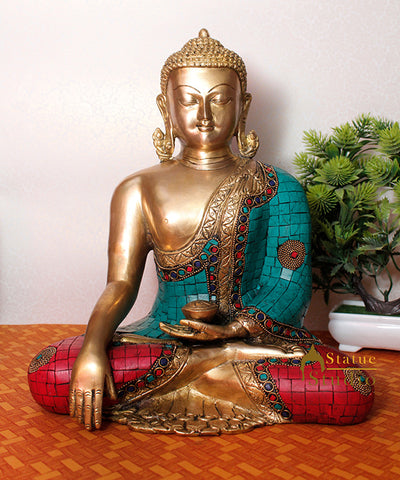 Brass long ear kundal buddha sitting indian figurine home décor buddhist art 13"