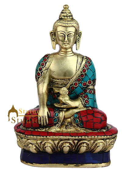 Bronze buddha sitting with bowl thai décor amulet medicine shakyamuni statue 7"