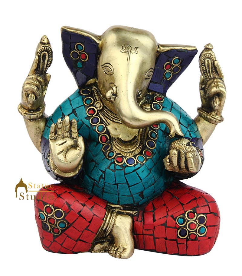 Brass ganesh elephant lord hindu gods nepal turquoise coral art religious art 6"
