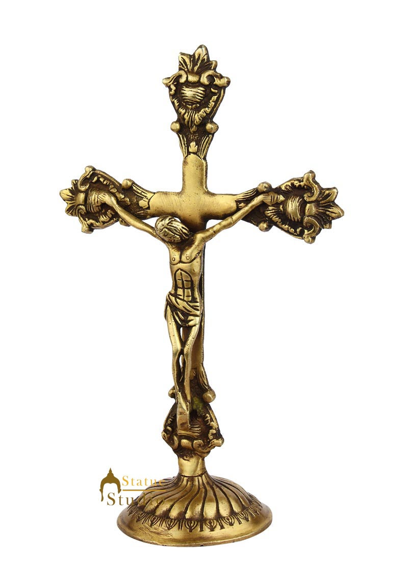 Brass Christian lord Jesus Cross india hand made statue religious craft idol 11"
