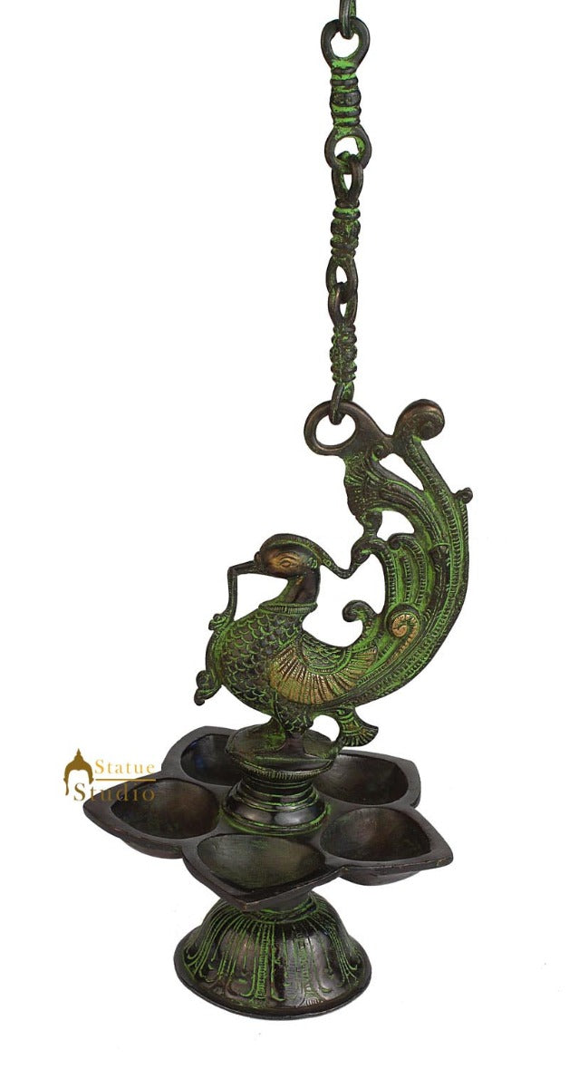 Antique Brass puja hindu temple religious hanging diya oil lamp statue 11"