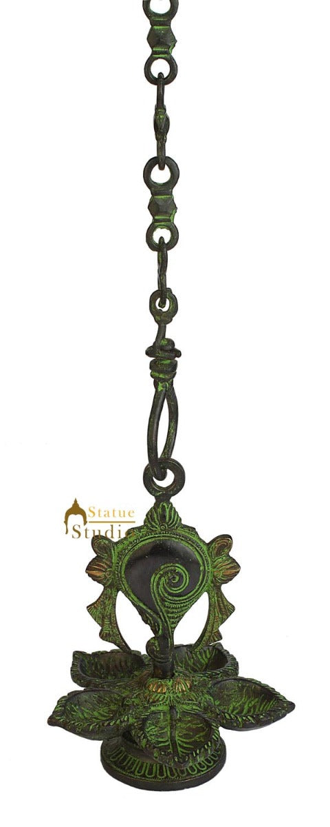 Vintage Antique Brass puja hindu temple hanging diya oil lamp statue 8"