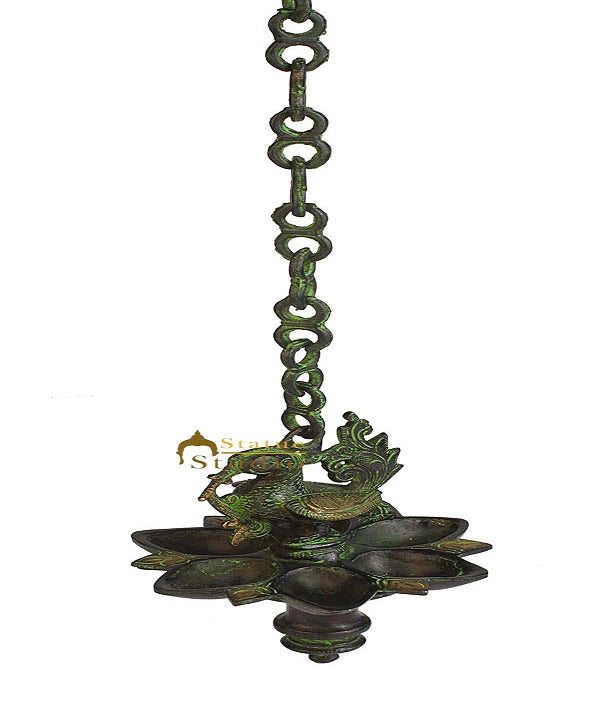 Vintage Antique Brass puja hindu temple hanging bird diya oil lamp statue 7"