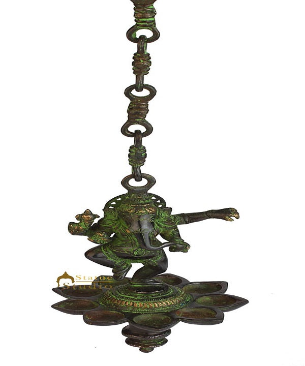 Antique Brass ganesha hanging diya oil lamp home décor religious art 8"