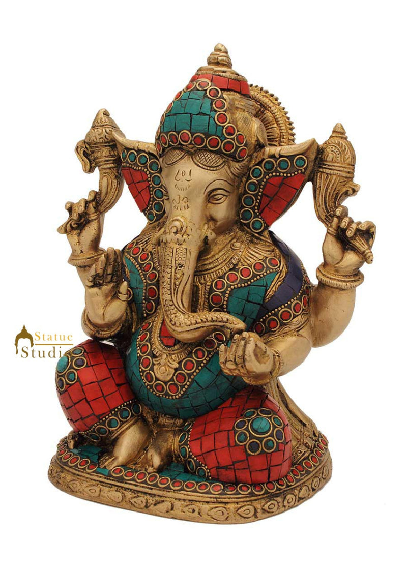 Brass ganpat elephant lord hindu gods nepal turquoise coral art religious art 9"