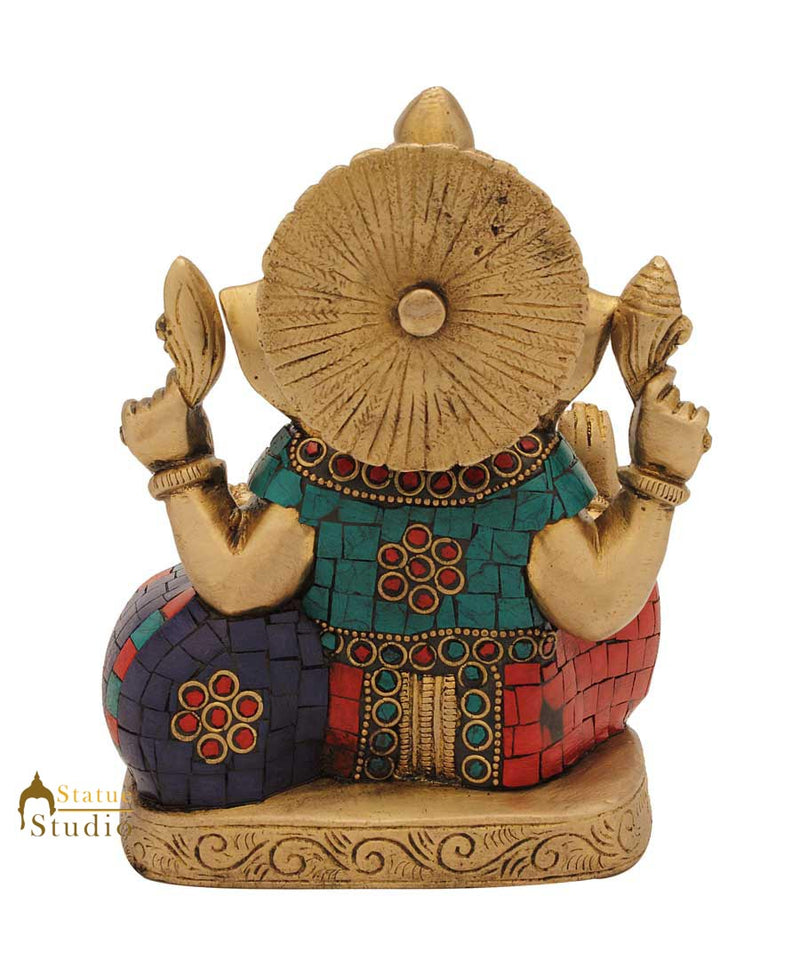 Brass ganesh elephant lord hindu gods hinduism turquoise coral religious art 6"