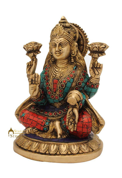 Brass india hand made laxmi statue nepal turquoise coral décor religious art 7"
